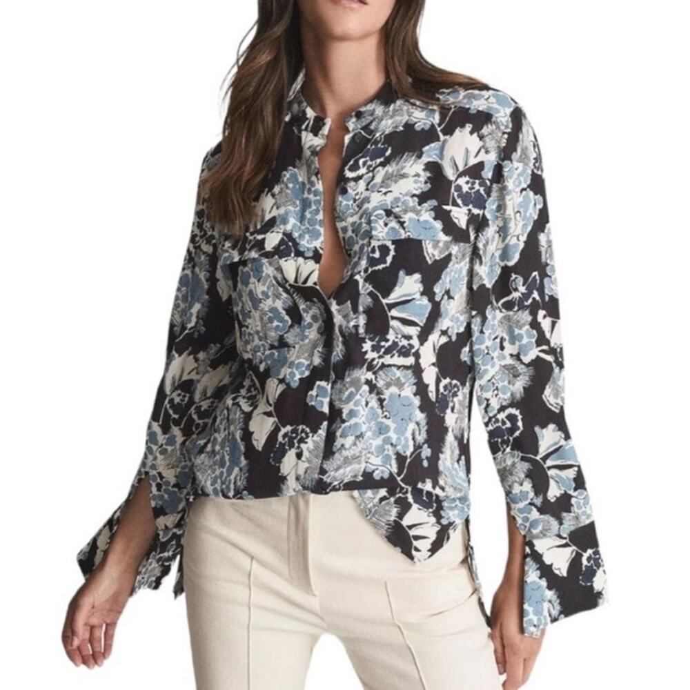 Reiss Mika Button Down Blouse Long Sleeve Womens Size 2 XS Floral Blue Career - Picture 7 of 11